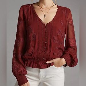 Anthropologie Embroidered Wine Blouse